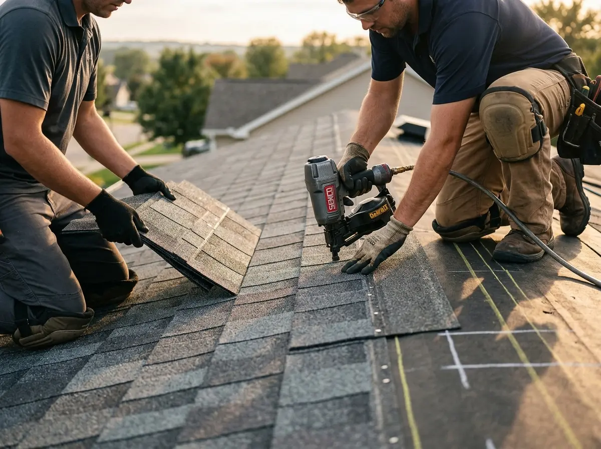 Professional roofer working on a residential roof in Peach Bottom